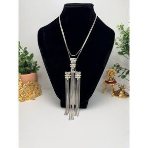 Bold Statement Silver Tone Tassel Necklace Rhinestones Express Dramatic Design